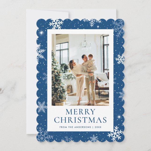 Blue Merry Christmas Snowflake Photo Holiday Card (Front)