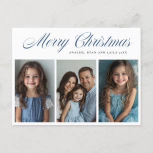 Blue Merry Christmas Three photo design Holiday Postcard