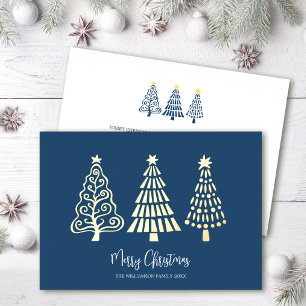 Blue Merry Christmas Trees Script Name Real Gold Foil Holiday Card