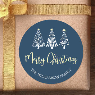 Blue Merry Christmas Trees Script Name Whimsical Classic Round Sticker