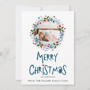 Blue Merry Christmas typography and wreath photo Holiday Card