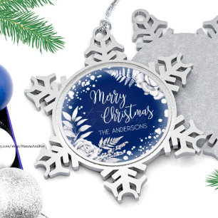 Blue Merry Christmas white floral ice flowers Snowflake Pewter Christmas Ornament