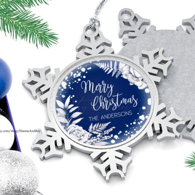 Blue Merry Christmas white floral ice flowers Snowflake Pewter Christmas Ornament (Creator Uploaded)
