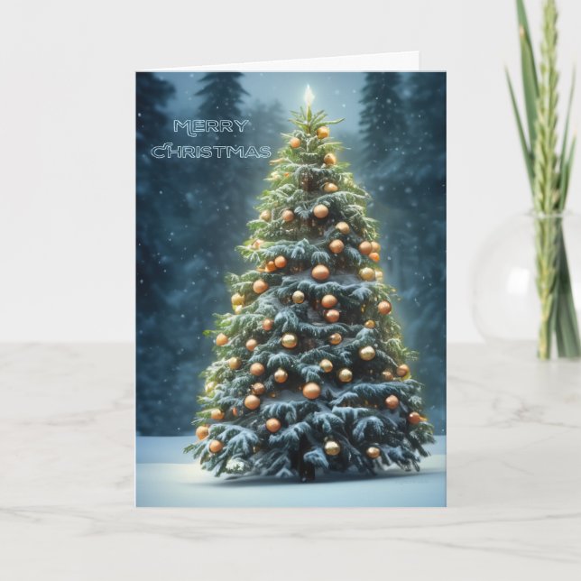 Blue Merry Christmas with Tree Modern Holiday Card (Front)