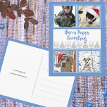 Blue Merry Happy 4 Photo Hanukkah Christmas Postcard<br><div class="desc">Create your own Hanukkah and Christmas holiday photo cards with this cute blue MERRY HAPPY EVERYTHING photo postcard template design. Personalise with your photos and text for unique holiday postcards in blue, white and faux silver. A fun choice for interfaith couples and families, these photo cards feature four of your...</div>