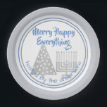 Blue Merry Happy Everything Party Chrismukkah Paper Plate<br><div class="desc">Personalise these fun MERRY HAPPY EVERYTHING paper party plates in blue, faux silver and white for a one of a kind Chrismukkah party. Featuring my faux silver polka dot modern Christmas tree and matching Hanukkah menorah, the design is finished with cornflower blue mixed fonts and complimentary borders around the plate....</div>