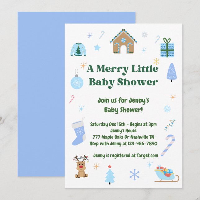 Blue Merry Little Baby Shower Boy Invitation (Front/Back)