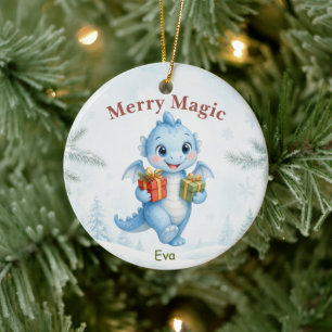 Blue Merry Magic Baby Dragon Christmas Ceramic Tree Decoration