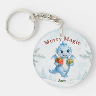 Blue Merry Magic Baby Dragon Personalise Christmas Key Ring