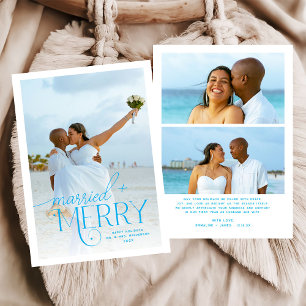 Blue Merry & Married Photo Wedding Christmas Holiday Card