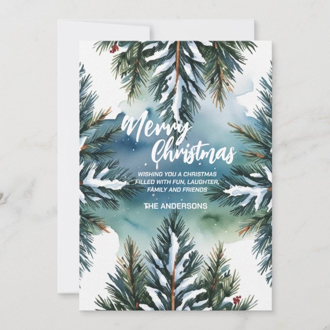 Blue Merry xmas trees top forest pine tree  Holiday Card (Front)