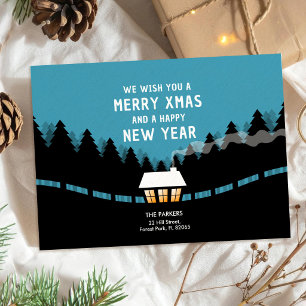 Blue Merry Xmas with retro black forest and cabin Card