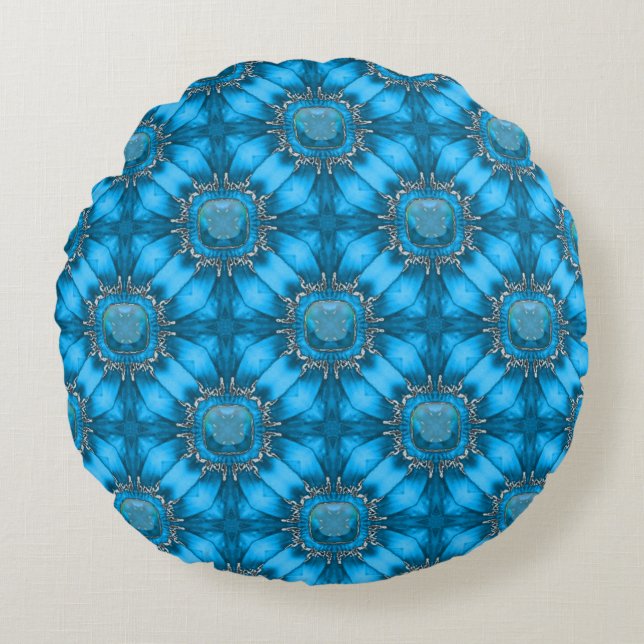 Blue Metal Flowers with Gems Pattern Round Cushion (Front)
