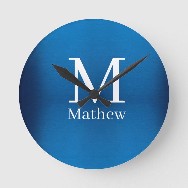 blue metallic abstract shiny monogram name man  round clock (Front)