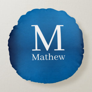 blue metallic abstract shiny monogram name man round cushion