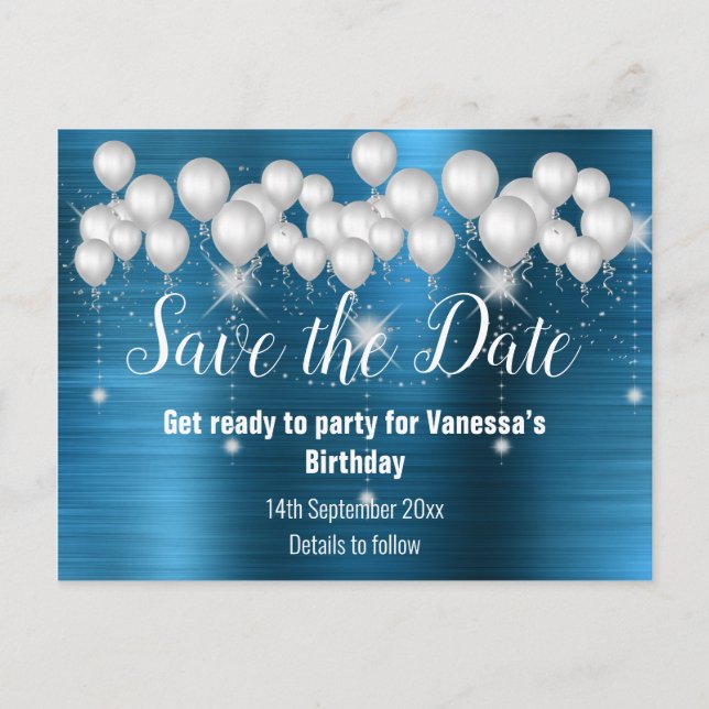 BLUE METALLIC BALLOON SAVE THE DATE ALL OCCASION ANNOUNCEMENT POSTCARD (Front)