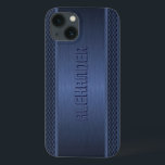 Blue Metallic Brushed Aluminium Geometric Accents iPhone 13 Case<br><div class="desc">Dark blue metallic background,  simple brushed aluminium look with blue geometric stripes pattern accents. Custom and optional monogram. Available on other products</div>