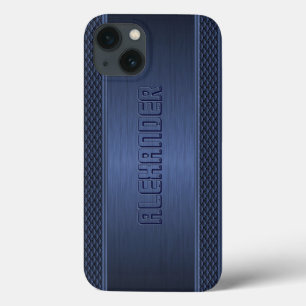 Blue Metallic Brushed Aluminium Geometric Accents iPhone 13 Case