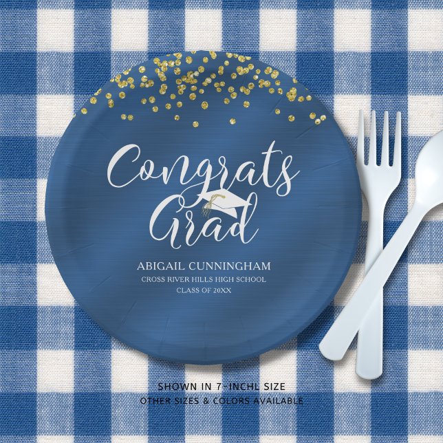 Blue Metallic CONGRATS GRAD Gold Confetti Paper Plate (Creator Uploaded)