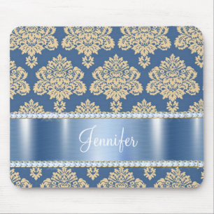 Blue Metallic Damask Rhinestones, Personalised Mouse Mat