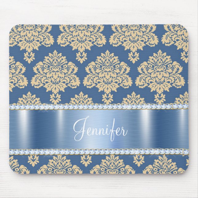 Blue Metallic Damask Rhinestones, Personalised Mouse Mat (Front)