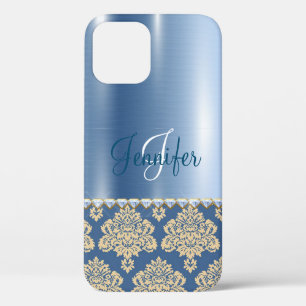 Blue Metallic Damask, Satin, Personalised Case-Mat iPhone 12 Case