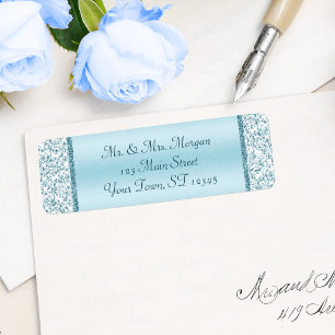 Blue Metallic Damask Wedding Return Address