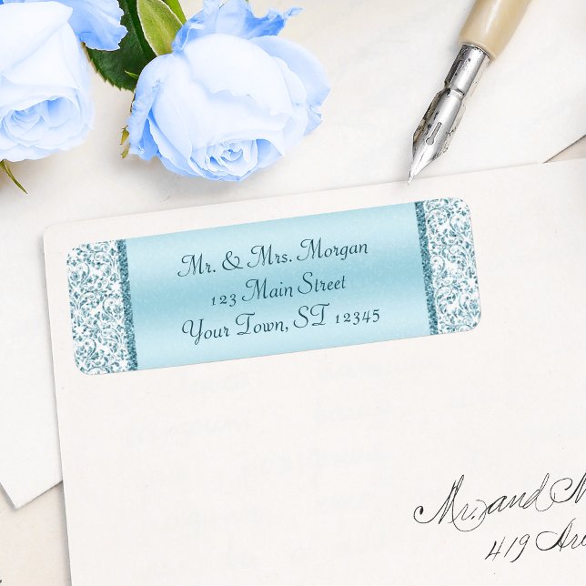 Blue Metallic Damask Wedding Return Address (Creator Uploaded)