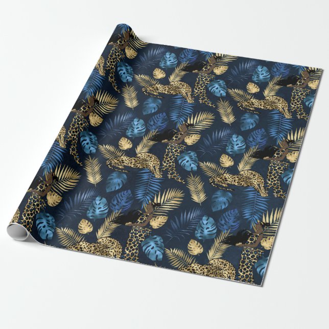 Blue Metallic Elegant Modern Leopard Wrapping Paper (Unrolled)