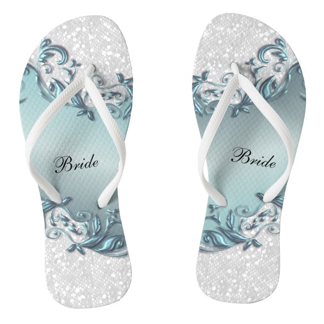 Blue Metallic Floral & Confetti Glitter | Wedding Flip Flops (Footbed)