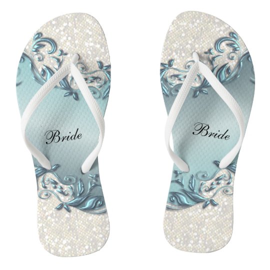 Blue Metallic Floral Confetti Glitter Wedding Flip Flops