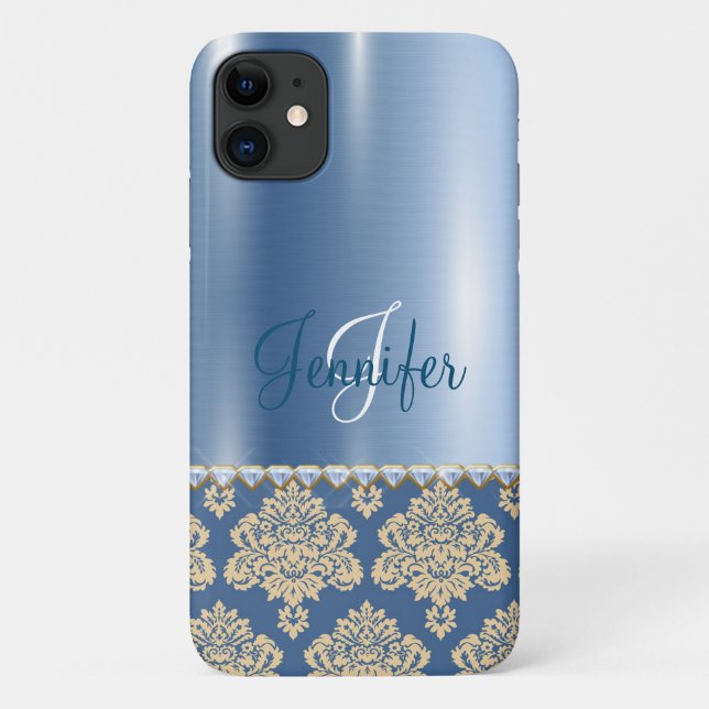 Blue Metallic Floral Monogram Personalise Girly Case-Mate iPhone Case (Back)