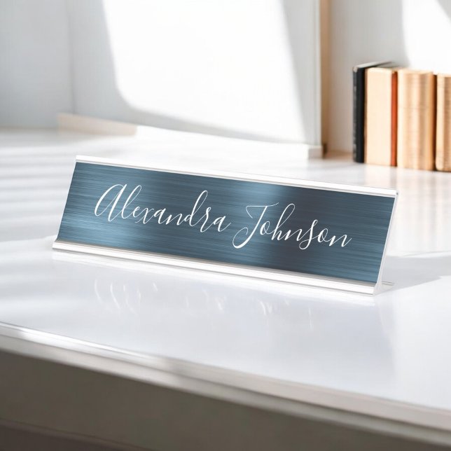 Blue Metallic Foil Modern Elegant Business Desk Name Plate (Creator Uploaded)