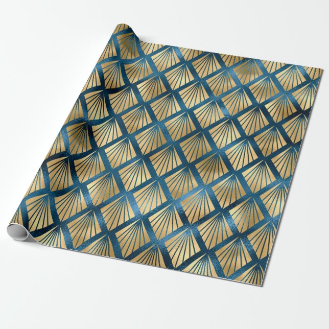 Blue Metallic Gold Abstract Elegant Chic Gift Wrapping Paper (Unrolled)