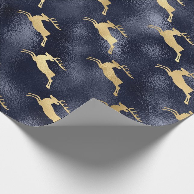 Blue Metallic Gold Reindeer Christmas Holiday Wrapping Paper (Corner)