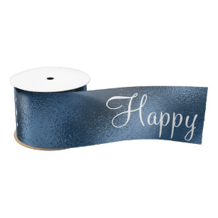 Blue Metallic Happy Birthday Script Modern  Satin  Ribbon