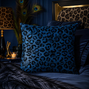 Blue Metallic Leopard Print Animal Pattern Cushion