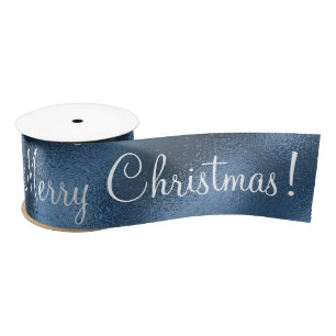 Blue Metallic Merry Christmas Holiday Modern Satin Satin Ribbon