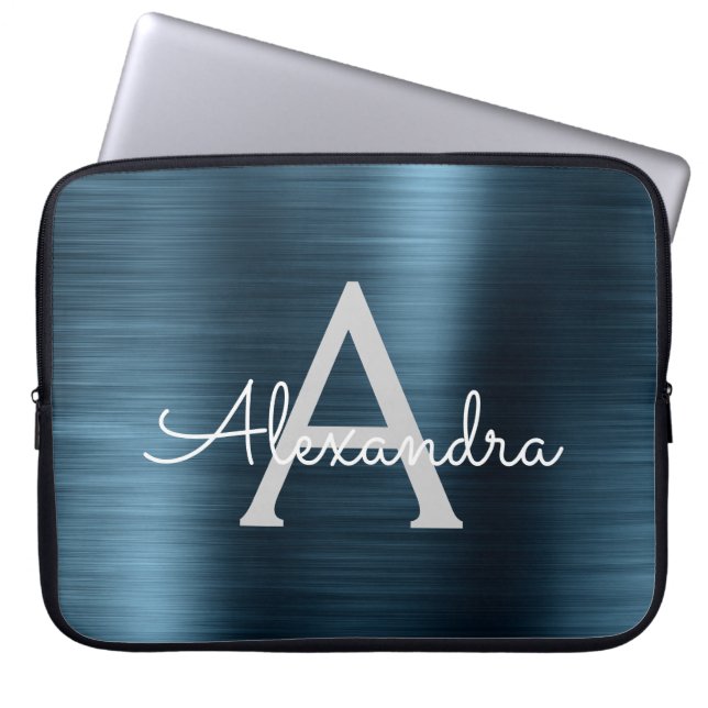 Blue Metallic Modern Chic Stainless Steel Monogram Laptop Sleeve (Front)