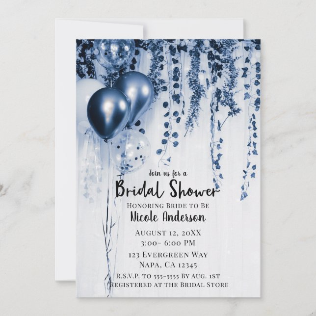 Blue Metallic Party Balloons Ivy Bridal Shower Invitation (Front)