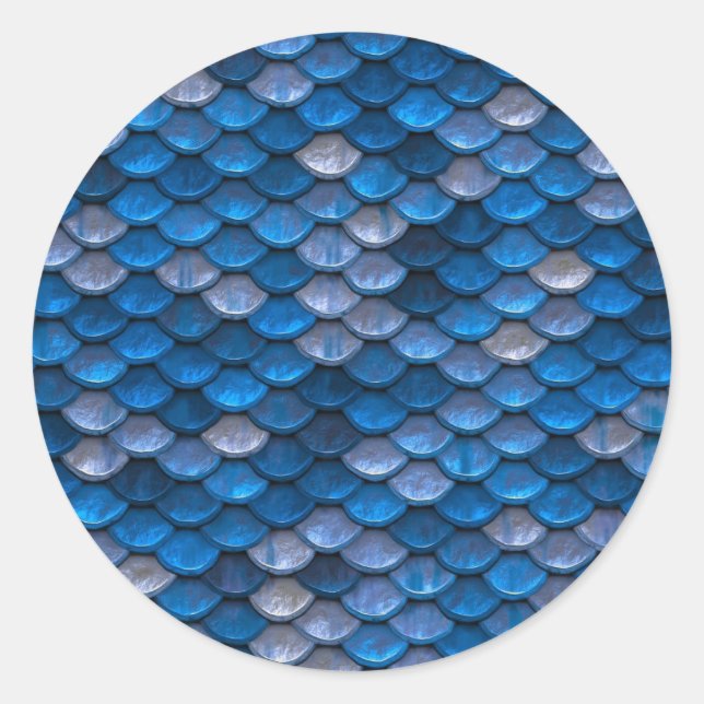Blue Metallic Scale Fish Dragon Mermaid Texture Classic Round Sticker (Front)