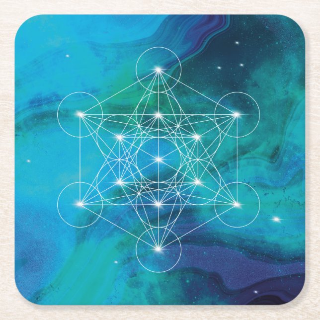 Blue Métatron, sacred geometric Square Paper Coaster (Front)