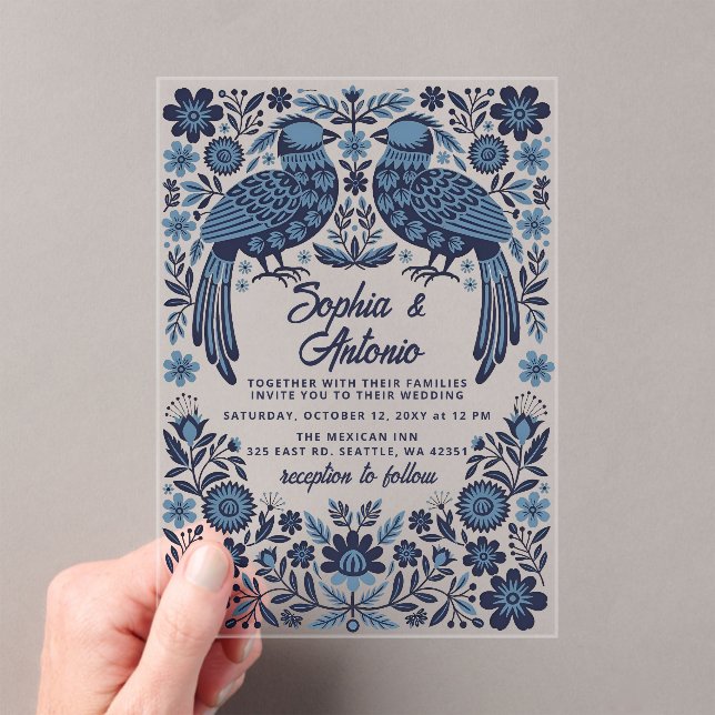 Blue Mexican Birds Otomi Floral Fiesta Wedding Acrylic Invitations (Insitu (Handheld))