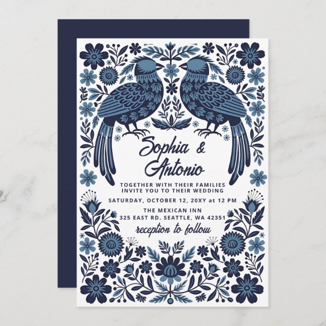 Blue Mexican Birds Otomi Floral Fiesta Wedding Invitation (Front/Back)