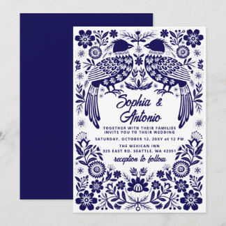 Blue Mexican Birds Otomi Floral Fiesta Wedding Invitation