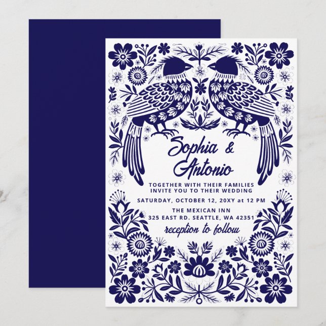 Blue Mexican Birds Otomi Floral Fiesta Wedding Invitation (Front/Back)