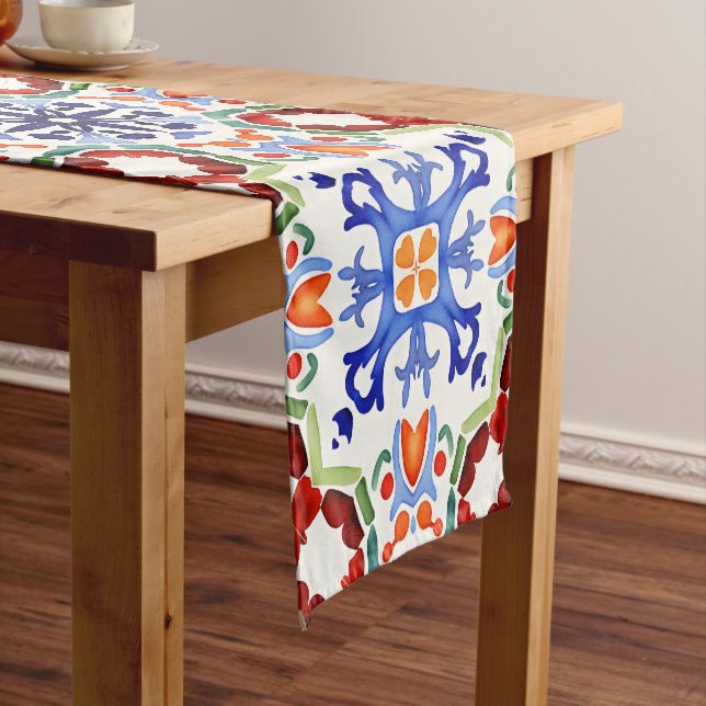 Blue Mexican colourful talavera Spanish printed Short Table Runner (In Situ)