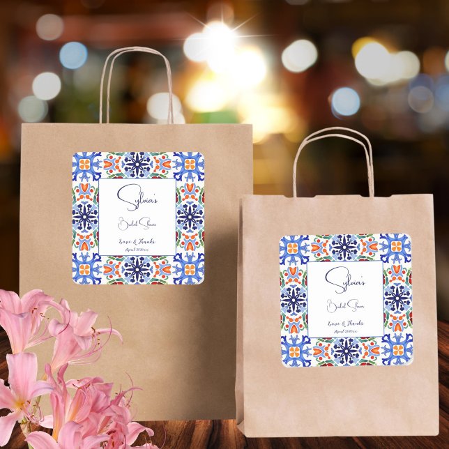 Blue Mexican colourful tiles bridal shower favour Square Sticker (Blue Mexican colorful talavera azulejo tiles Spanish bridal shower thank you favor Sticker template)