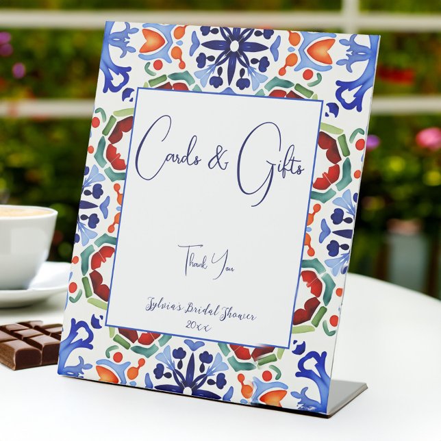 Blue Mexican colourful tiles bridal shower gifts Pedestal Sign (Blue Mexican colorful azulejo talavera tiles bridal shower cards and gifts Pedestal table Sign)