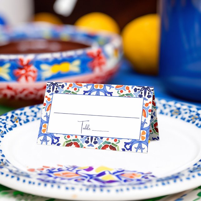 Blue Mexican colourful tiles bridal shower printed Place Card (Blue Mexican Azulejo Talavera colorful tiles bridal shower printed Place Card personalized tableware)